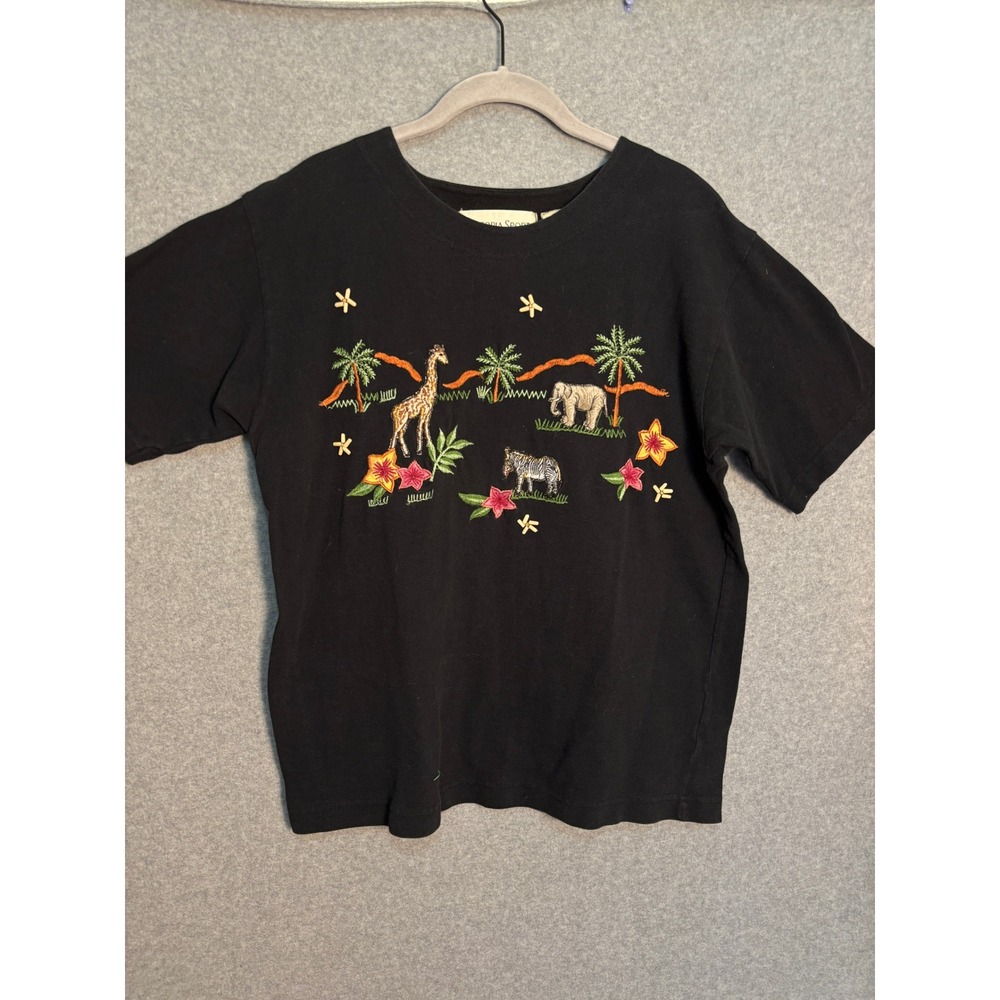 Victoria Sport Safari Animal Embroidered Tee Women's S Black Vintage Cotton